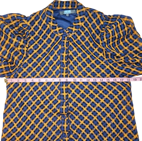 Eva Franco Anthropologie Textured Blue Yellow Plaid Blouse Size 2 Puff Sleeves - Picture 15 of 16
